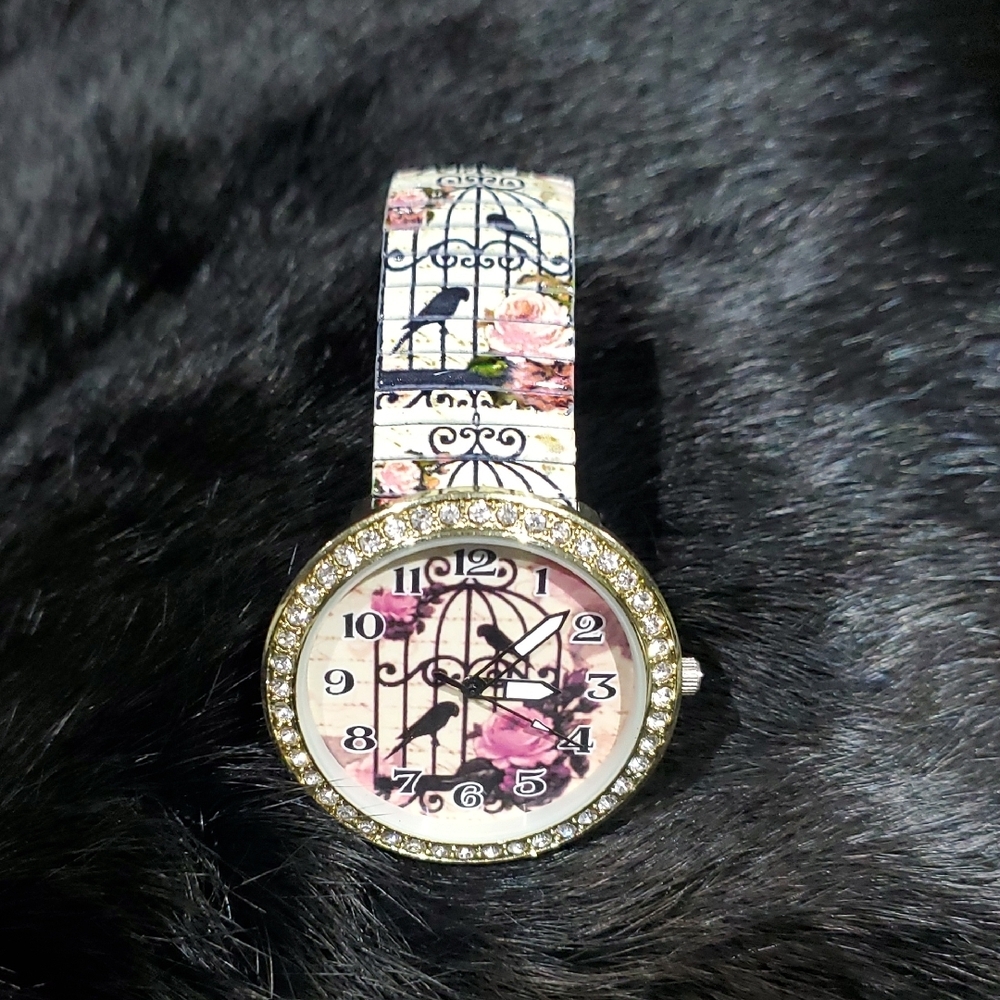 Floral Patterned Women's Watch with Rhinestone Bezel Roses Birds Bird Cage